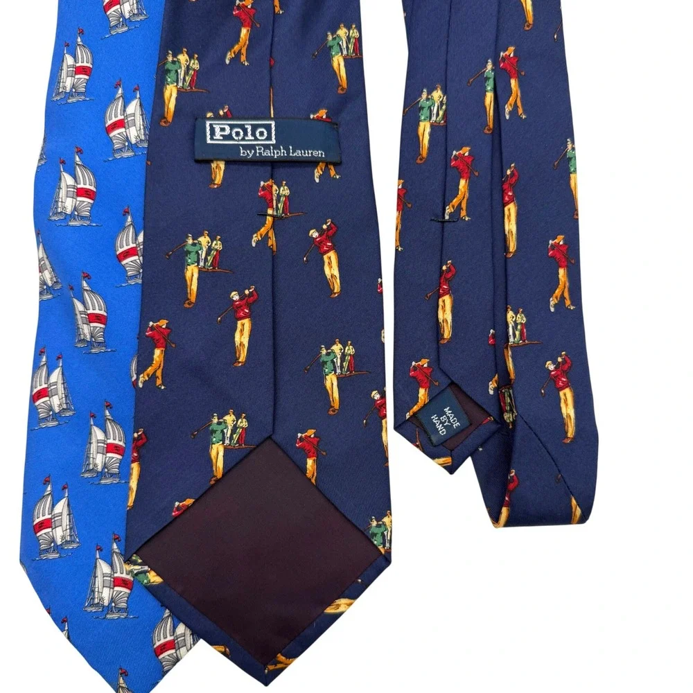 Vintage Polo Ralph Lauren Silk Tie Lot 2‎ Sailboat Golf Navy Blue Mens Neckties